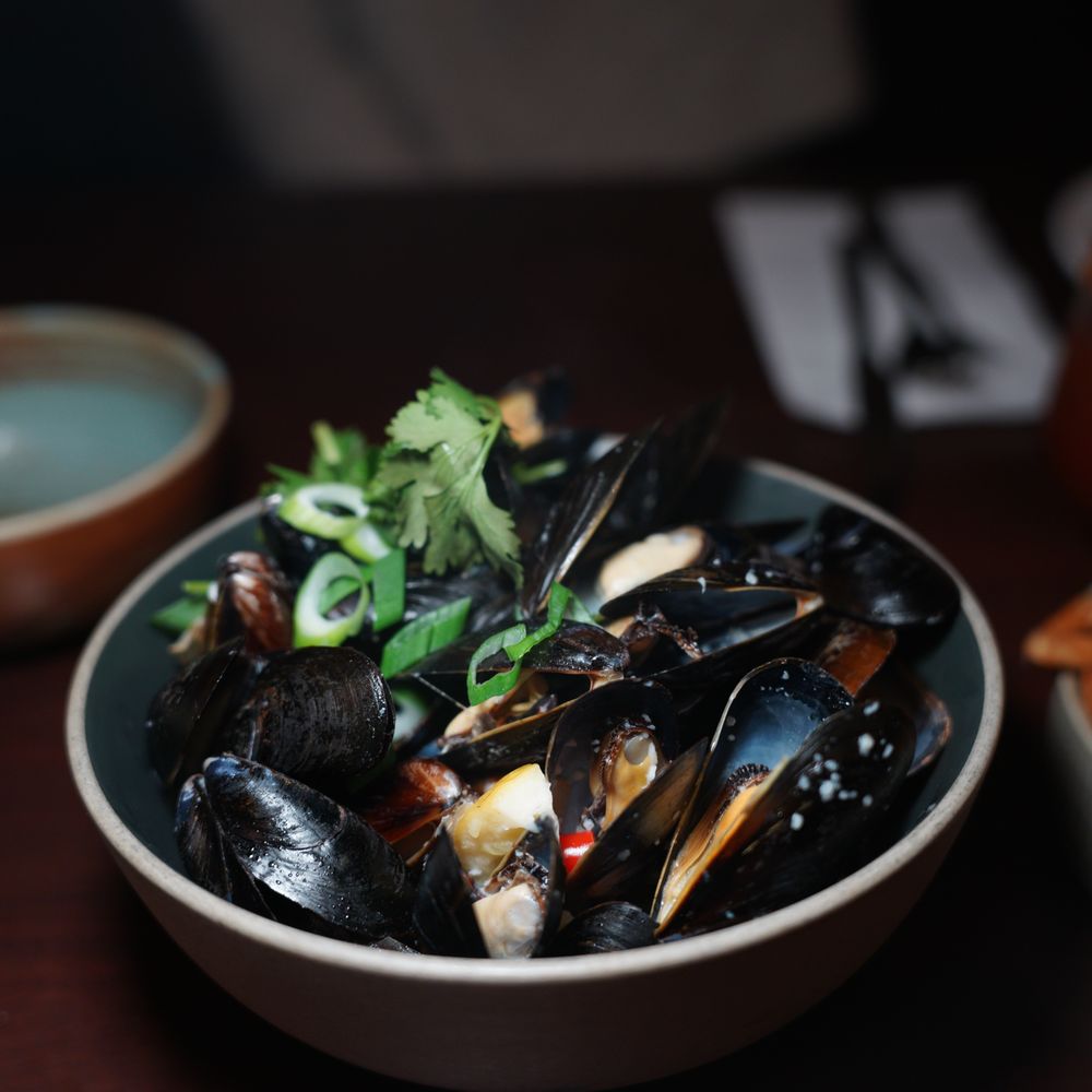 a bowl of steamed mussels on a table a bowl of steamed mussels on a table