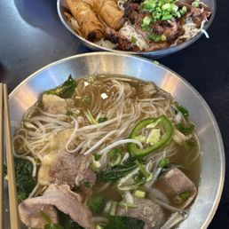 Pho and bbq pork with egg roll and vermicelli