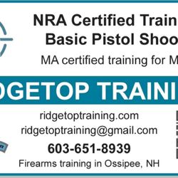 Ridgetop Training - Certified NRA instructor. Massachusetts approved for MA license to carry.