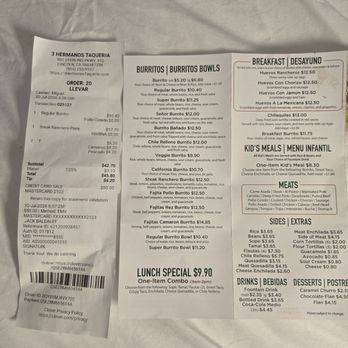 3 Hermanos Taqueria - Menu and receipt - Mexican Near Me - Lincoln, California