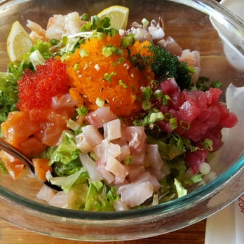 Nozomi - Famous Chirashi Salad (3/4 of the original): shrimp, octopus, white fish, salmon, tuna & roe on a bed of greens & white rice - Sushi Bars Near Me - La Jolla, California