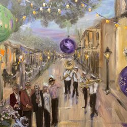 Ann Bailey Studio - Live Wedding Painter - Vibrant Mardi Gras second line parade captured in fine art oil. Custom portraiture & commemorative event painting by Ann Bailey Studio.