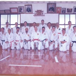 International Budo Academy - This is at the Hombu Dojo in Okinawa Japan. To Hanshi Shugoro Nakazato's left is Shihan Stephen Curley, and to his right, Kyoshi Sam Ahtye.