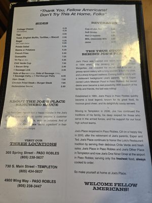 Menu photo 1 Joe's Place Paso Robles Paso Robles, CA Menu photo 1 Joe's Place Paso Robles Paso Robles, CA