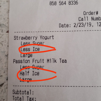Ding Tea - Asked for slight ice on both but the person at the register kept pushing for more ice... Also tastes watery now. New owners? - Coffee & Tea Near Me - San Diego, California