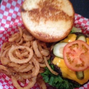 Crossroads Pub & Grill - Create your own burger with onion rings. - Pizza Near Me - Pine, Colorado