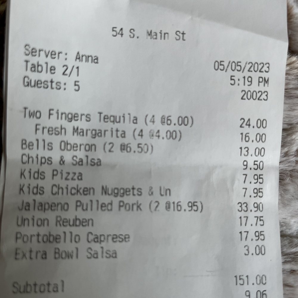 The bill. We tip 20% regardless of service. The bill. We tip 20% regardless of service.