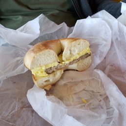Sausage, egg & cheese on plain bagel Sausage, egg & cheese on plain bagel