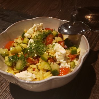 Navy Blue - Orzo side - has dill, feta cheese, tomatoes, cucumbers - Seafood Near Me - Houston, Texas