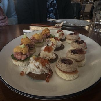Camelia - From left to right: the uni otoro toast, the Dungeness crab, and the chicken liver mousse - French Near Me - Los Angeles, California Camelia - From left to right: the uni otoro toast, the Dungeness crab, and the chicken liver mousse - French Near Me - Los Angeles, California