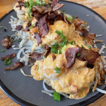 Cafe Strudel - Low county hash browns!! Fried green tomorrow and shrimp. - New American Near Me - West Columbia, South Carolina