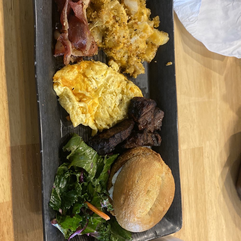 Offerdahl's Off-The-Grill - Farmhand egg platter Sub steak and plain bagel with cream cheese yummy! - Sandwiches Near Me - Hollywood, Florida