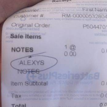 Batteries Plus - The image shows a receipt from Batteries Plus in Avondale, AZ, with details including customer name, customer number, order number, and sale items. The receipt notes a purchase for 'ALEXYS' with a quantity of one. The receipt includes sections for subtotal, tax, total, and sale amount received, with some text partially obscured by a person's hand holding the receipt. The background appears to be a plain surface. - Battery Stores Near Me - Avondale, Arizona