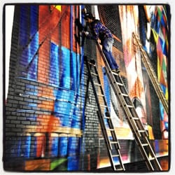 Eduardo Kobra Lincoln Mural - Kobra working under the lights.