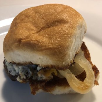 Phil's Icehouse - mini-Violet Crown (bleu cheese burger topped with bleu cheese & grilled onions) [plated at home] - Burgers Near Me - Austin, Texas