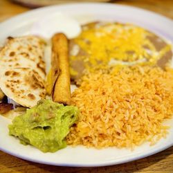 El Tio Pepe - Shrimp and pineapple Quesadilla, Flauta, Rice & Beans