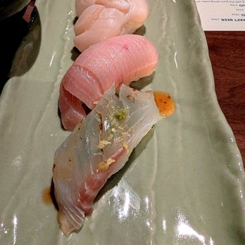 Sonmari - Tai nigiri (Red Snapper)  Hamachi Nigiri (Yellow Tail)  Hotate Nigiri (Scallop) - Sushi Bars Near Me - Los Angeles, California