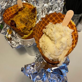 The Lighthouse Grill - Mashed potato waffle cones (gravy bacon and cheese, plain) - American Near Me - Trinidad, California The Lighthouse Grill - Mashed potato waffle cones (gravy bacon and cheese, plain) - American Near Me - Trinidad, California