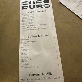 Cafe Duro - Drink menu - Cafes Near Me - Dallas, Texas Cafe Duro - Drink menu - Cafes Near Me - Dallas, Texas