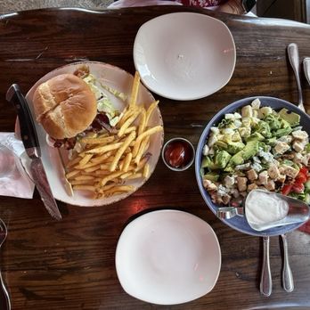 Clinkerdagger - Bacon Swiss burger and Cobb salad which very big and plenty to share. - Seafood Near Me - Spokane, Washington