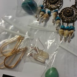 Debi's Creations - My purchases:magnesite rock 2.00, earrings 10.00, gold tear drop hoops 1.00, crystal earrings 1.00