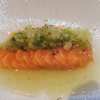 Pagu - Salmon sashimi - it's literally 4 tiny tiny morsel of fish. Very tart, very fresh, but not very tasty. - Japanese Near Me - Cambridge, Massachusetts