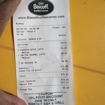 Biscoff Coffee Corner - Receipt - Coffee & Tea Near Me - San Francisco, California