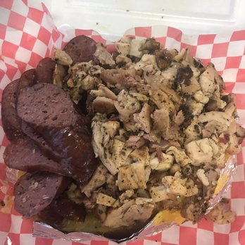 Winners BBQ - Baked potato with sausage and chicken - Barbeque Near Me - Plano, Texas Winners BBQ - Baked potato with sausage and chicken - Barbeque Near Me - Plano, Texas