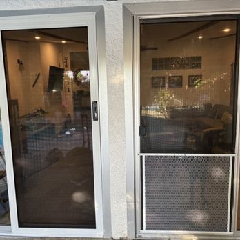 Security Screen Doors - On right, old screen dig that was scratched, ripped and broken from the dogs.  On left, the new SSD security door - Security Systems Near Me - Riverside, California