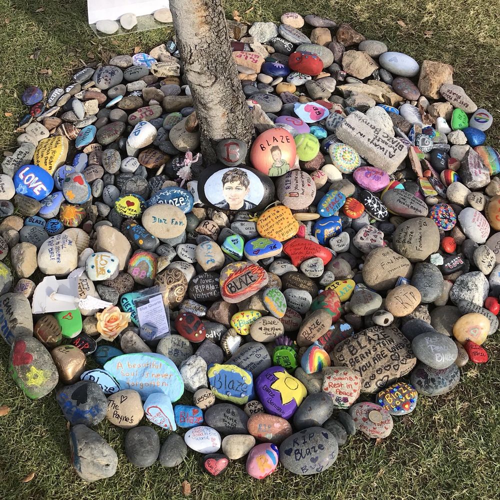Kindness rocks left in memory of Blaze Bernstein. Kindness rocks left in memory of Blaze Bernstein.