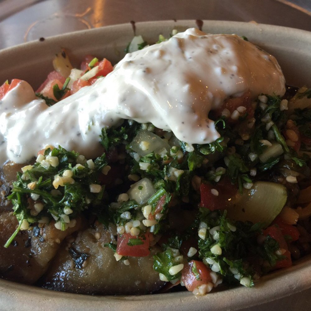 JJ's Fresh - Lentil rice, black beans, eggplant and zucchini, onions and peppers, pico de gallo, tabbouleh, and tzatziki sauce.  Yum!!! - Mexican Near Me - Orlando, Florida