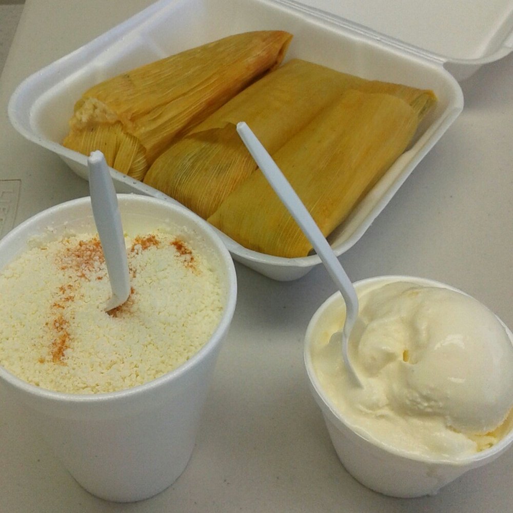 Tamales, Esqites (Mexican corn cup), and Pina colada ice cream. Tamales, Esqites (Mexican corn cup), and Pina colada ice cream.