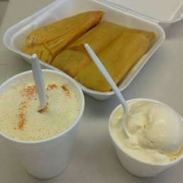 Tamales, Esqites (Mexican corn cup), and Pina colada ice cream.