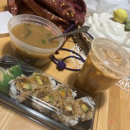 Thai Iced Tea, Eel & Avocado Roll, Miso Soup Thai Iced Tea, Eel & Avocado Roll, Miso Soup
