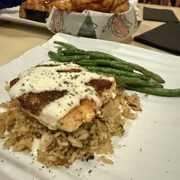 Halibut on island rice with green beans