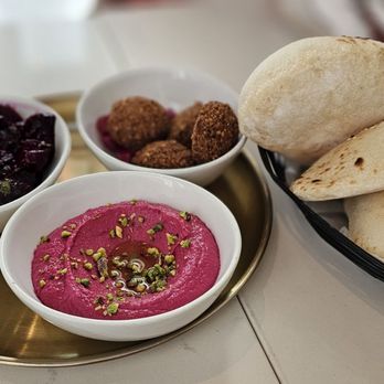 Ammatoli - 3 way meza. Beet hummus was superb - Mediterranean Near Me - Long Beach, California Ammatoli - 3 way meza. Beet hummus was superb - Mediterranean Near Me - Long Beach, California