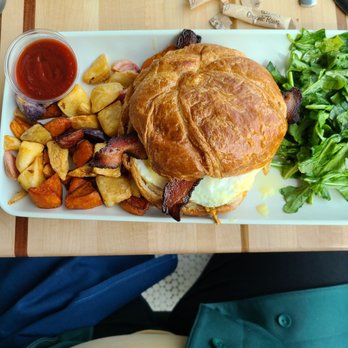 Root Down DIA - Fried egg sandwich with roasted potatoes, yams and purple potatoes. - New American Near Me - Denver, Colorado