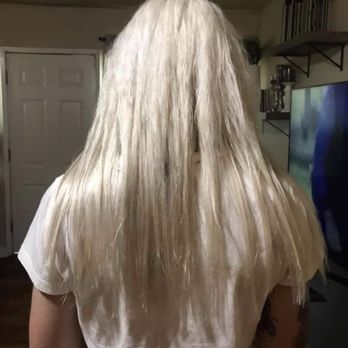 Wing Studios - End result, hair fried and falling out, look at very short broken pieces - Hair Stylists Near Me - Chico, California