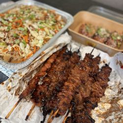 Seafood City Supermarket - Baked salmon, Chicken BBQ/Pork BBQ skewers, Pancit Bihon ( 1/2 Tray) @ Grill city inside store 5.09.26