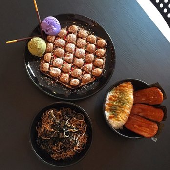 Urban Leaf Cafe - seasame nori noodles, spam nori bowl, chocolate waffle (ube & green tea ice cream, sprinkle, chocolate fudge, powdered sugar) - Desserts Near Me - Nutley, New Jersey
