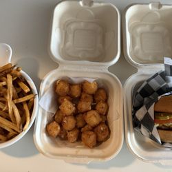 Little Stack Haystack Burgers - Skinny fries with too much salt, cheezy balls and a #1 burger.
