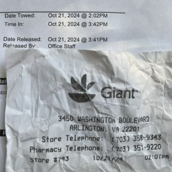 Advanced Towing Company - Shows the time I was towed for not shopping at Giant, 2:02, and time I checked out of Giant at 2:07, meaning I was definitely in the store. - Towing Near Me - Arlington, Virginia Advanced Towing Company - Shows the time I was towed for not shopping at Giant, 2:02, and time I checked out of Giant at 2:07, meaning I was definitely in the store. - Towing Near Me - Arlington, Virginia
