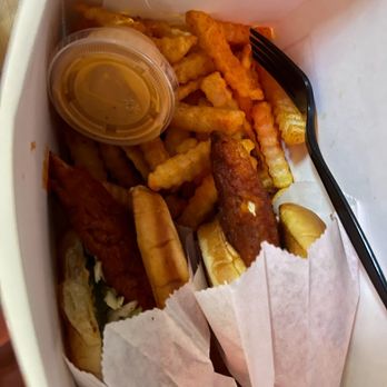 Main Chick Hot Chicken - terrible picture haha but combo #2 was amazing--- more fries underneath the sandwiches too!! - Chicken Shop Near Me - Northridge, California Main Chick Hot Chicken - terrible picture haha but combo #2 was amazing--- more fries underneath the sandwiches too!! - Chicken Shop Near Me - Northridge, California