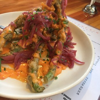 Welcome Diner - Tempura Broccolini with red onions and pimento cheese - Diners Near Me - Tucson, Arizona Welcome Diner - Tempura Broccolini with red onions and pimento cheese - Diners Near Me - Tucson, Arizona