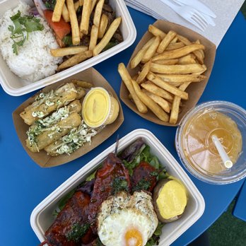 Sanguchon Eatery - Beef bowl Corazon skewer Yucca Fries French fries Passion fruit agua fresca - Peruvian Near Me - San Francisco, California Sanguchon Eatery - Beef bowl Corazon skewer Yucca Fries French fries Passion fruit agua fresca - Peruvian Near Me - San Francisco, California