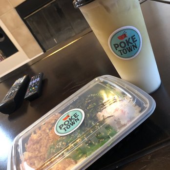 Poke Town - Regular poke bowl (4 scoops of fish) & a jasmine green milk tea - Japanese Near Me - Norco, California