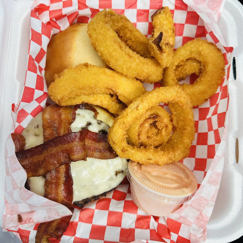 Shake Station - Bacon Cheeseburger with Onion Rings - American Near Me - Ellenton, Florida Shake Station - Bacon Cheeseburger with Onion Rings - American Near Me - Ellenton, Florida