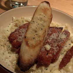 The Central Restaurant & Bar - Fettuccine Alfredo w chicken cutlet and garlic bread