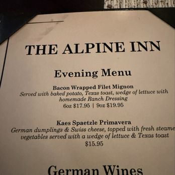 Alpine Inn - The menu does include a couple of kids menu options too. - German Near Me - Hill City, South Dakota Alpine Inn - The menu does include a couple of kids menu options too. - German Near Me - Hill City, South Dakota