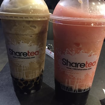 Sharetea - Coffee Ice Blended & Strawberry Ice Blended, with boba and ice cream scoops on top - Coffee & Tea Near Me - Cerritos, California Sharetea - Coffee Ice Blended & Strawberry Ice Blended, with boba and ice cream scoops on top - Coffee & Tea Near Me - Cerritos, California